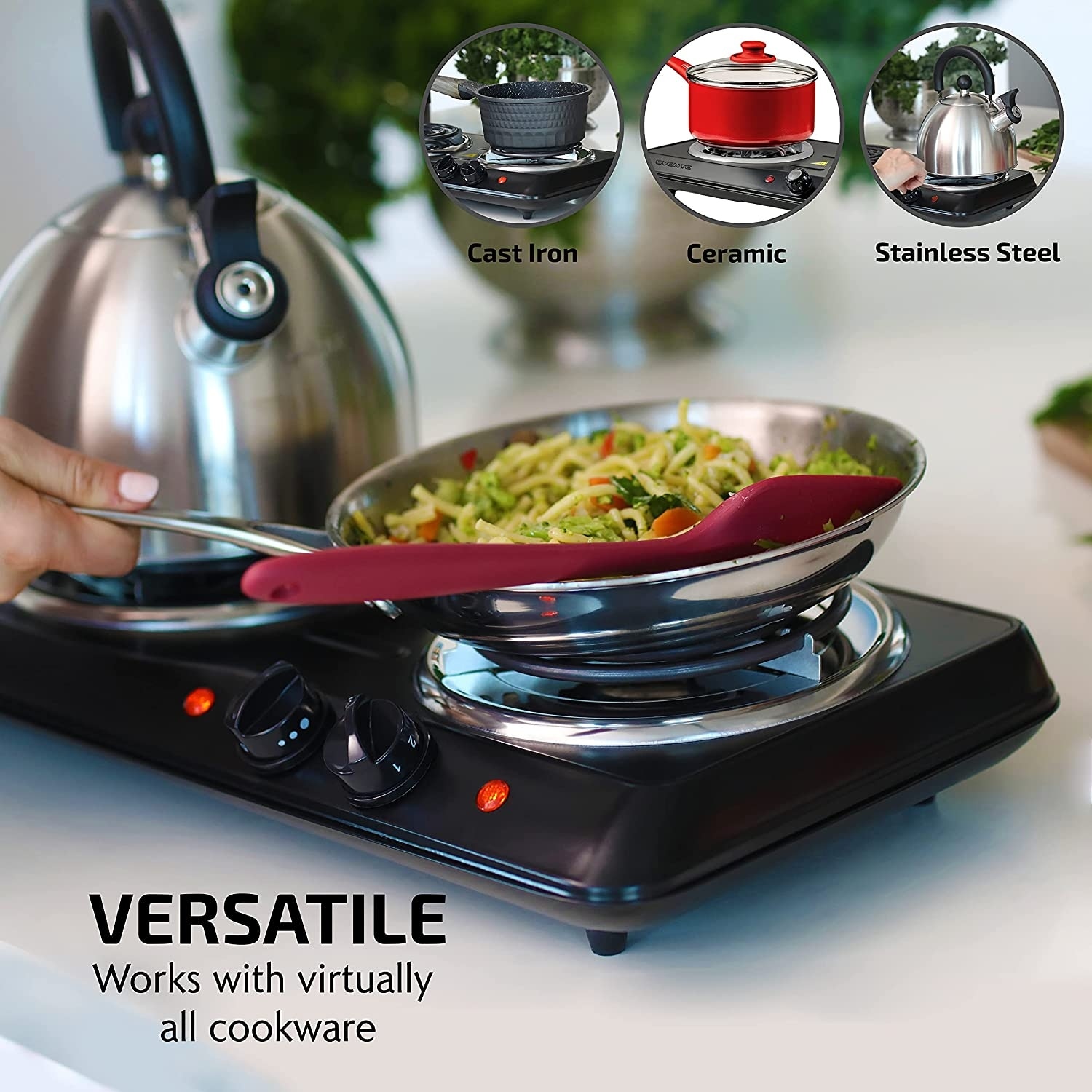 Ovente Electric 6 In. And 7 In. Cast Iron Burner Double Hot Plate