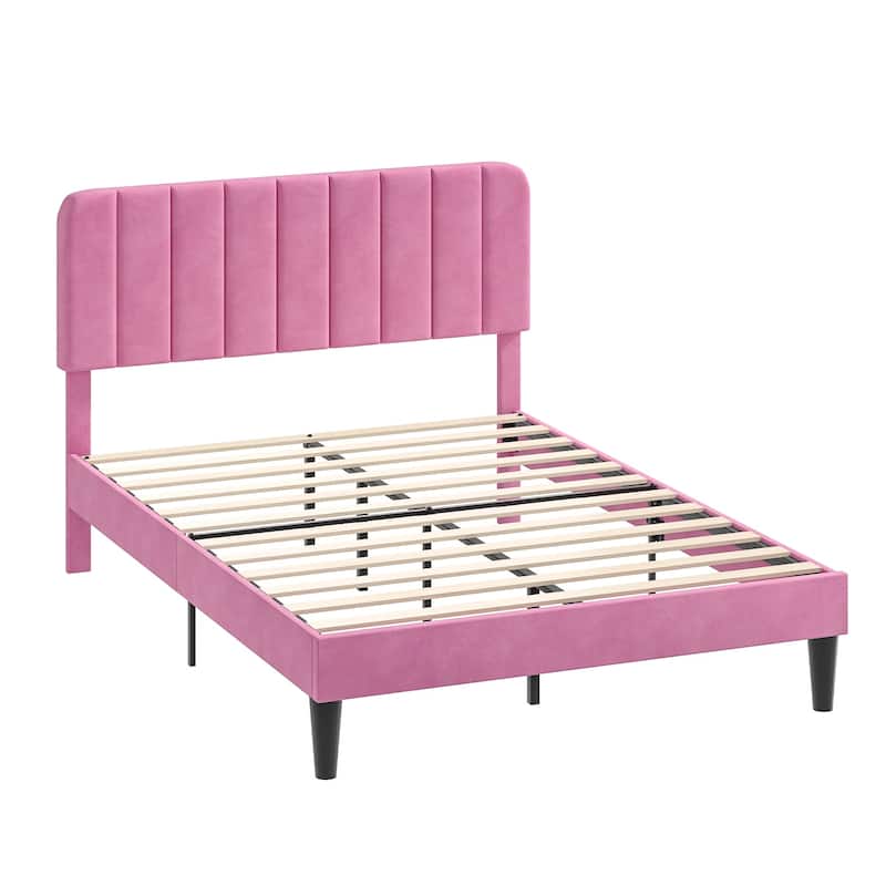 VECELO Velvet Upholstered Bed Frame with Vertical Channel Tufted Headboard, Adjustable Headboard, Wooden Slats Support
