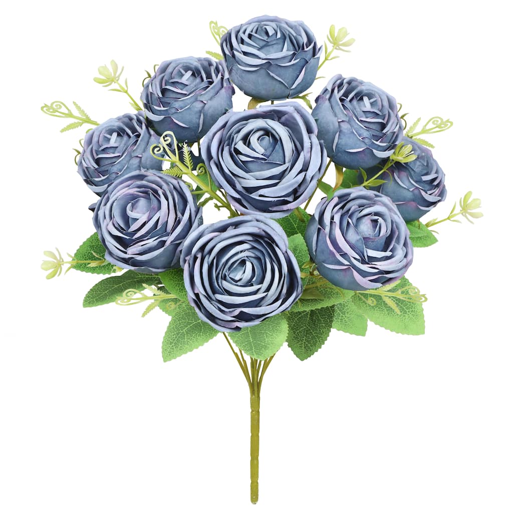 Set of 2 Blue Grey Artificial Vintage Cabbage Rose Flower Stem Bush Bouquet 17in - 17" L x 10" W x 10" DP