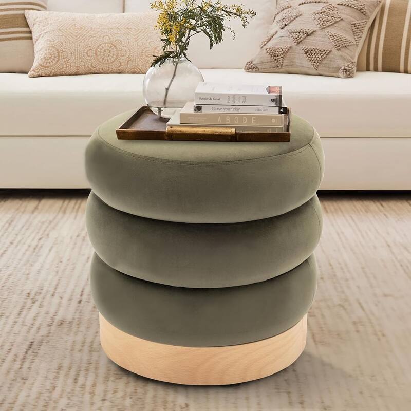 Modern Velvet Tufted Ottoman Footstool with Wood Base