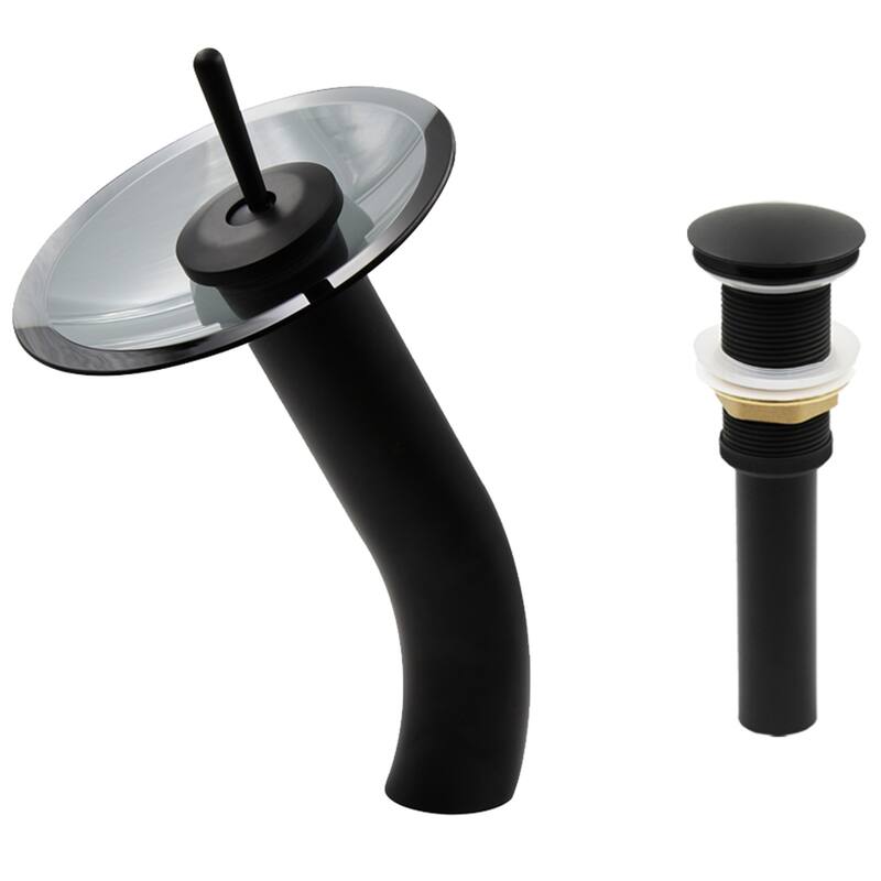 Novatto GF-001MB-S-PUD FALLS Single Lever Waterfall Vessel Faucet Drain Set, Black/ Smoke Glass