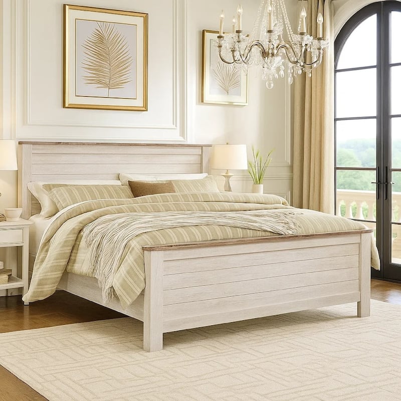 Isla King Panel Bed, Faux Planks Block Pattern, Whitewash & Brown Wood