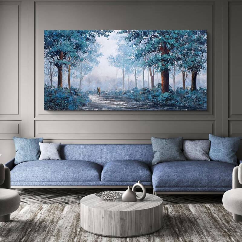 Blue Picture Artwork for Wall - Blue Leaves Plant Forest Wall Decor - 24 x 48