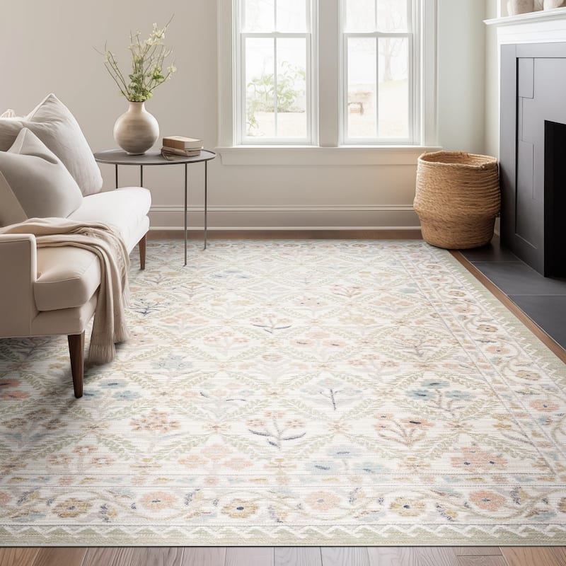 Crosswood Camilla Traditional Floral Indoor Polyester Area Rug - 7'10'' x 9'4'' - Cream/Aqua