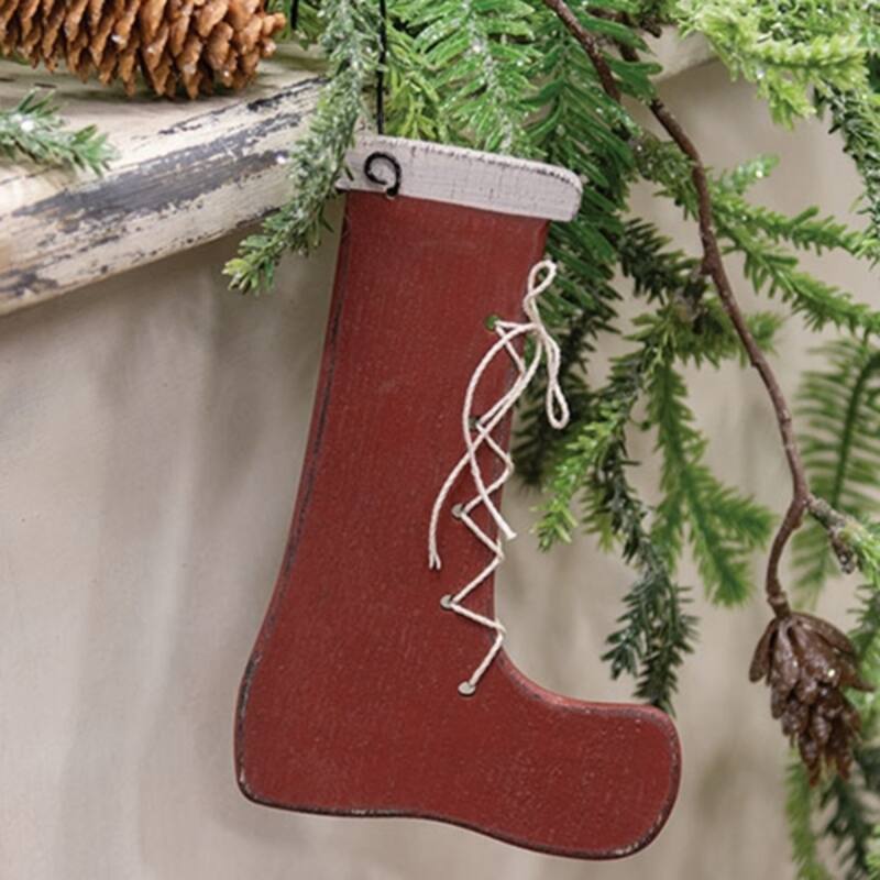 Distressed Red Santa Boot Wooden Christmas Ornament with White Laces and Wall Hanging Hook - 6" H x 4" W x .25" D