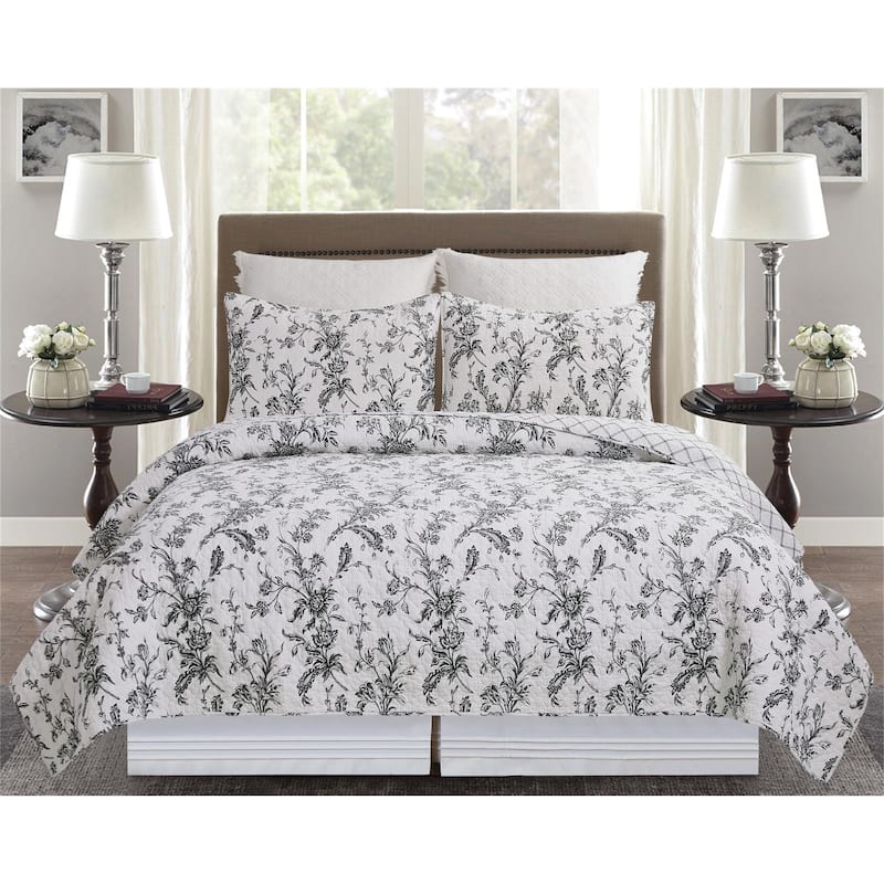 Bleighton Black Toile Cotton Quilt Set - Reversible and Machine Washable