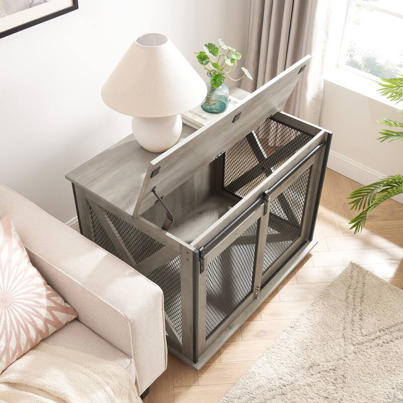 Dog Cage Crate Furniture with Sliding Barn Door，Dog Kennel End Table with Flip-top Plate Dog House with Detachable Divider