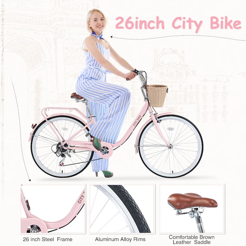 26 Inch Road Cycling Bicycle, Shimano 7 Speed City Bike with Basket and Dual V-Brake, Low Step-Thru Steel Frame for Teens