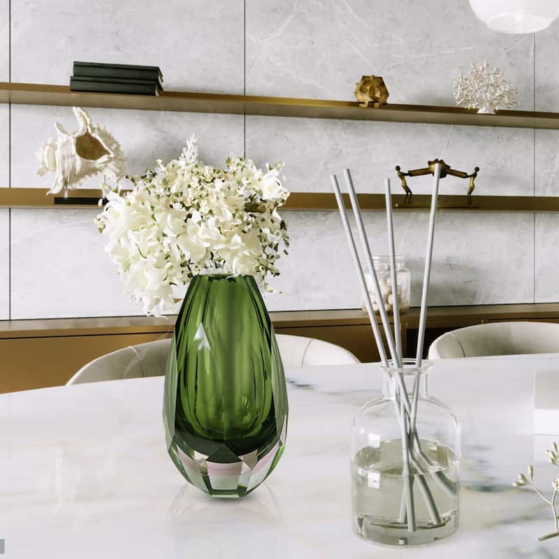 Lime Green 6" Art Deco Cut Glass Squat Oval Vase for Modern Decor