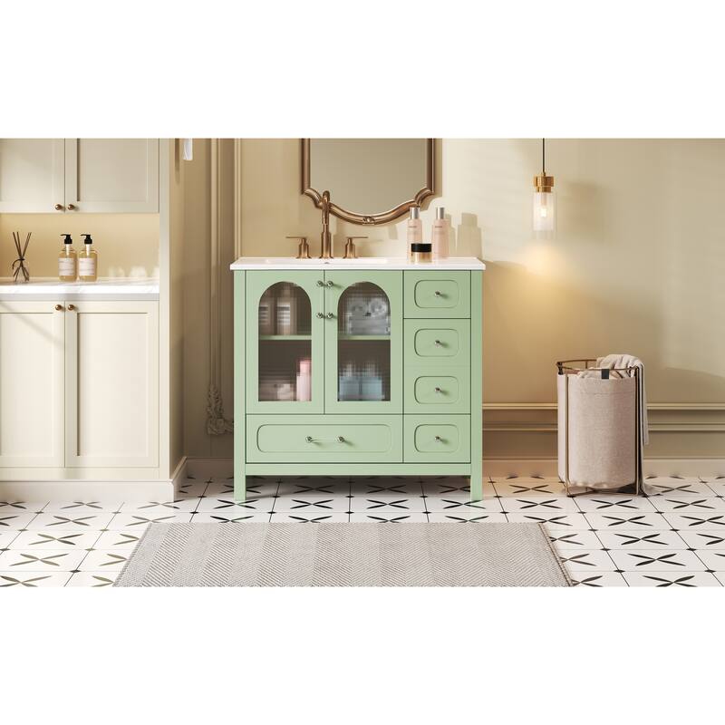 Bathroom Vanity with Ceramic Sink, Bathroom Storage Cabinet with Waffle Texture Glass Doors, 4 Drawers & Adjustable Shelf
