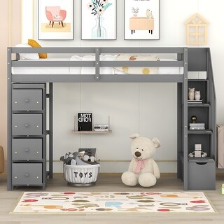 Twin size Loft Bed with Storage Drawers, Kid's Bed with Stairs, Pine Wooden Bed Frame with Shelves for Bedroom, Gray