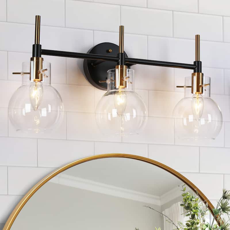Modern 3-Light Black Gold Bathroom Vanity Light Dimmable Wall Sconces with Globe Glass - 21.5" L x 6.5" W x 10.5" H