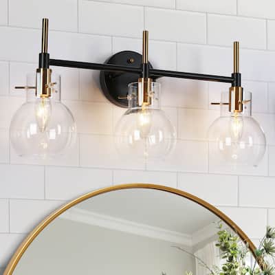 Modern 3-Light Black Gold Bathroom Vanity Light Dimmable Wall Sconces with Globe Glass - 21.5" L x 6.5" W x 10.5" H