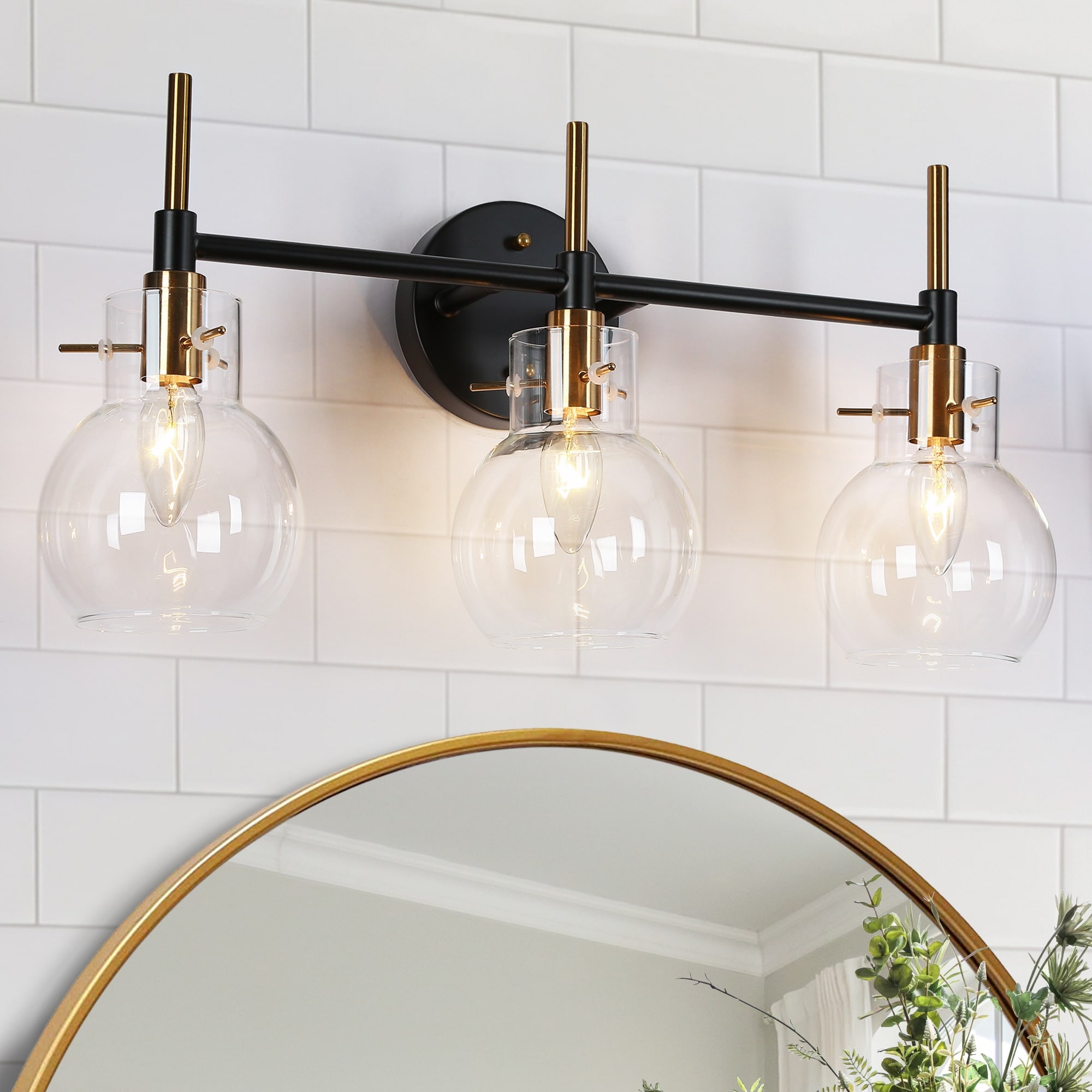 Modern 3-Light Black Gold Bathroom Vanity Light Dimmable Wall Sconces with Globe Glass - 21.5" L x 6.5" W x 10.5" H