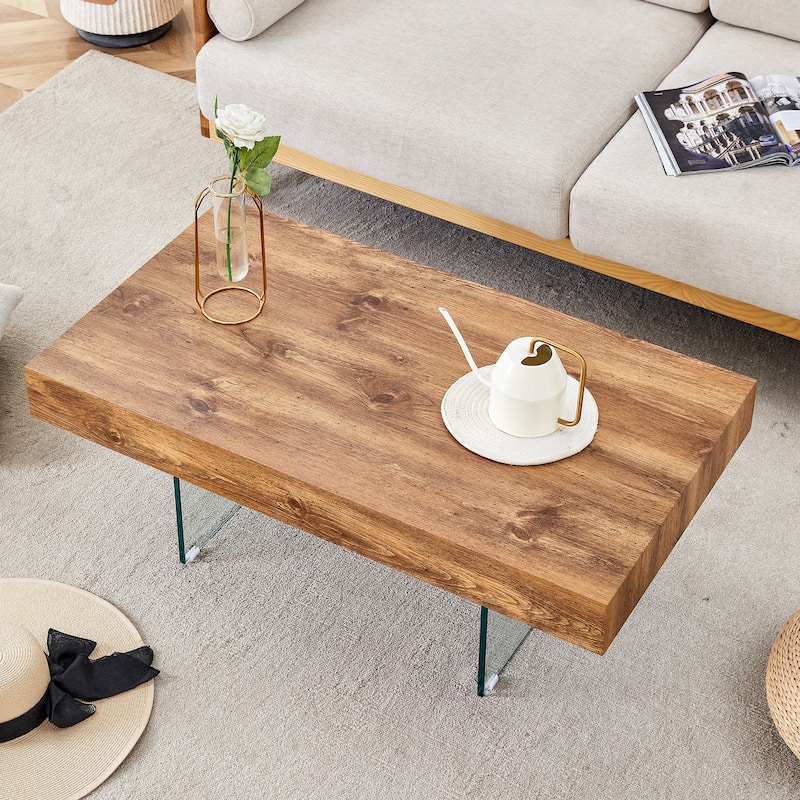 Living Room Dining Table Accent Table with Wood Grain Top, Square Coffee Table with Tempered Glass Legs
