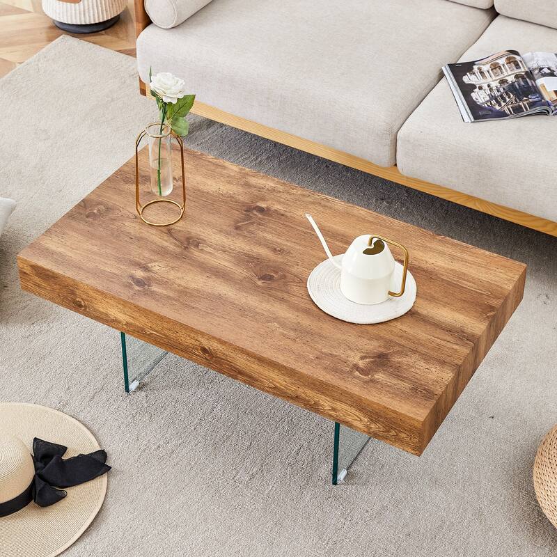 Natural Style MDF Coffee Table - 39.3"x21.6" with Tempered Glass Legs.Density Board Sticker,Reinforced Glass.