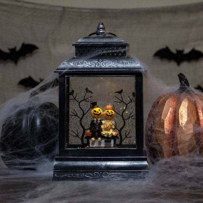 11.5"Lighted Black Halloween Snow Globe Lantern with Pumpkin Couple - 11.5"
