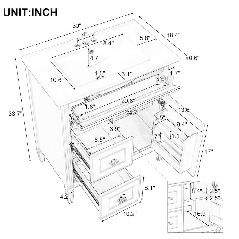 30" Bathroom Vanity with Sink, Bathroom Vanity Cabinet with One Flip Drawer and Two Drawers, Adjustable Shelf