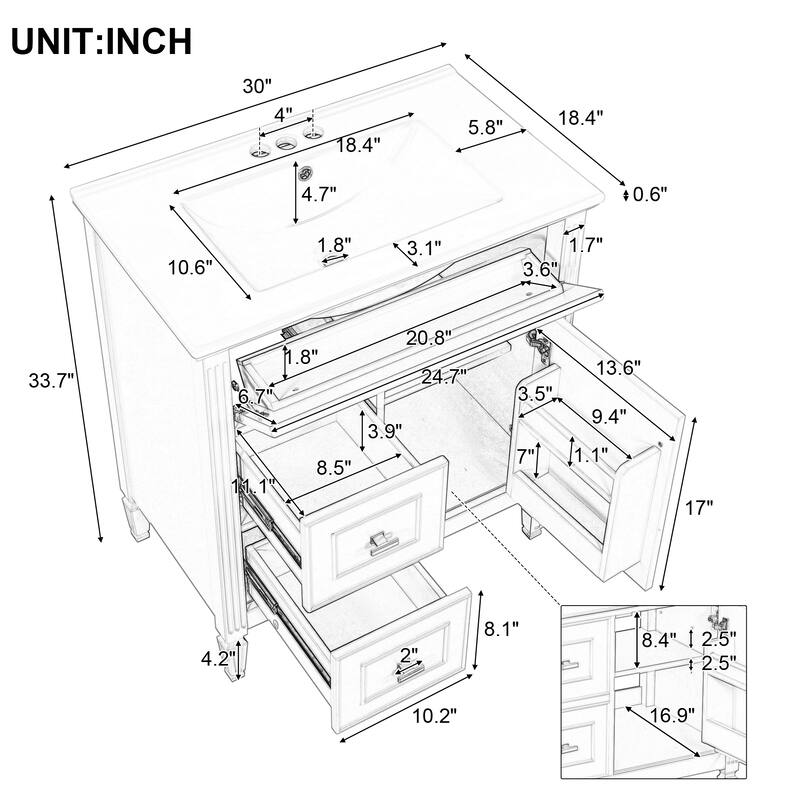 Roomfitters 30" Bathroom Vanity with Ceramic Sink, Solid Wood Frame with Flip Drawer, 2 Side Drawers & Adjustable Shelf