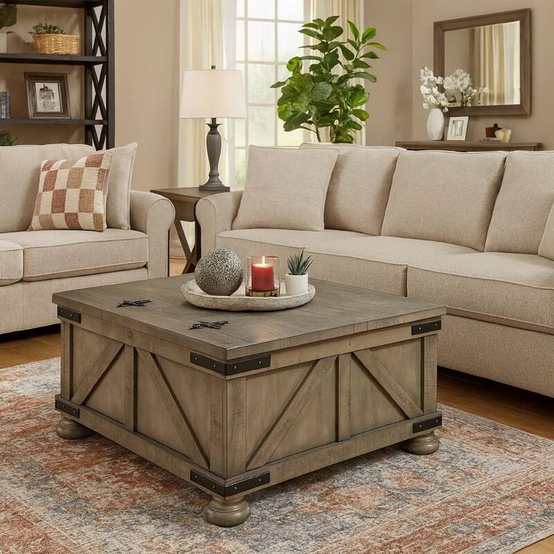 Farmhouse Cocktail Table with Lift Top Storage and Crossbuck details, Gray