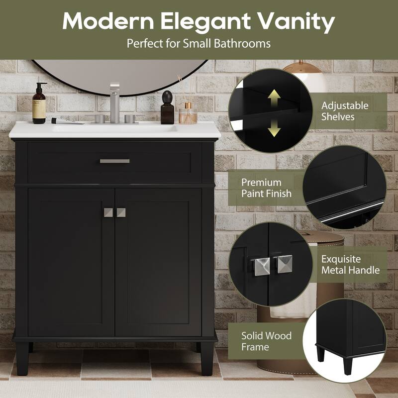 30-inch Bathroom Vanity With Ceramic Basin, Soft Close Door And Adjustable Shelves