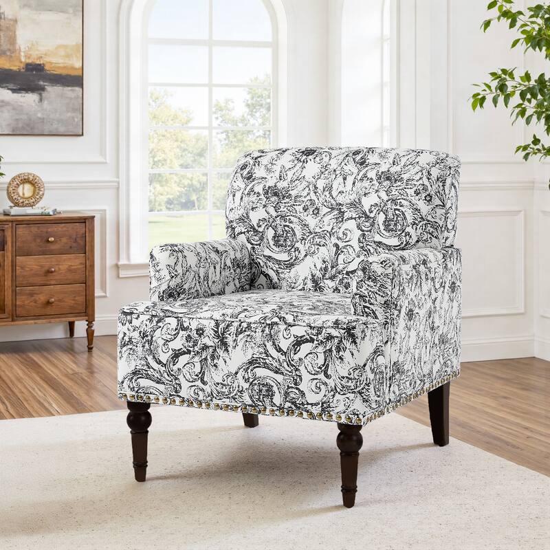 Striped Upholstered Linen Armchair with Brass Nailhead Trim