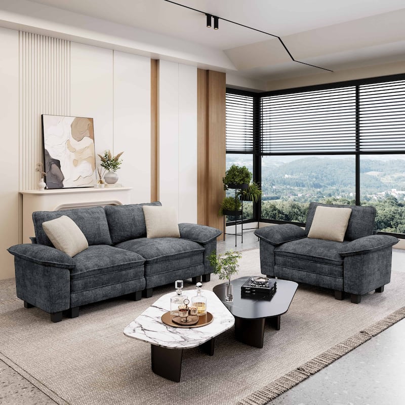 MAISON ARTS 2-Piece Chenille & Corduroy Sofa Set, Comfy 3/4/5-Seater Modular Loveseat & Armchair with Throw Pillows - Blue Grey Chenille(3 Pieces) - Left Facing