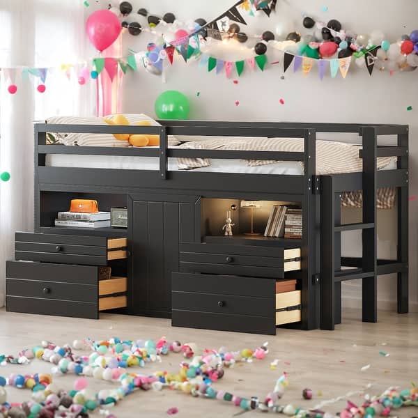 slide 2 of 27, Twin Size Loft Bed With 4 Drawers,Underneath Cabinet and Shelves for Home Espresso