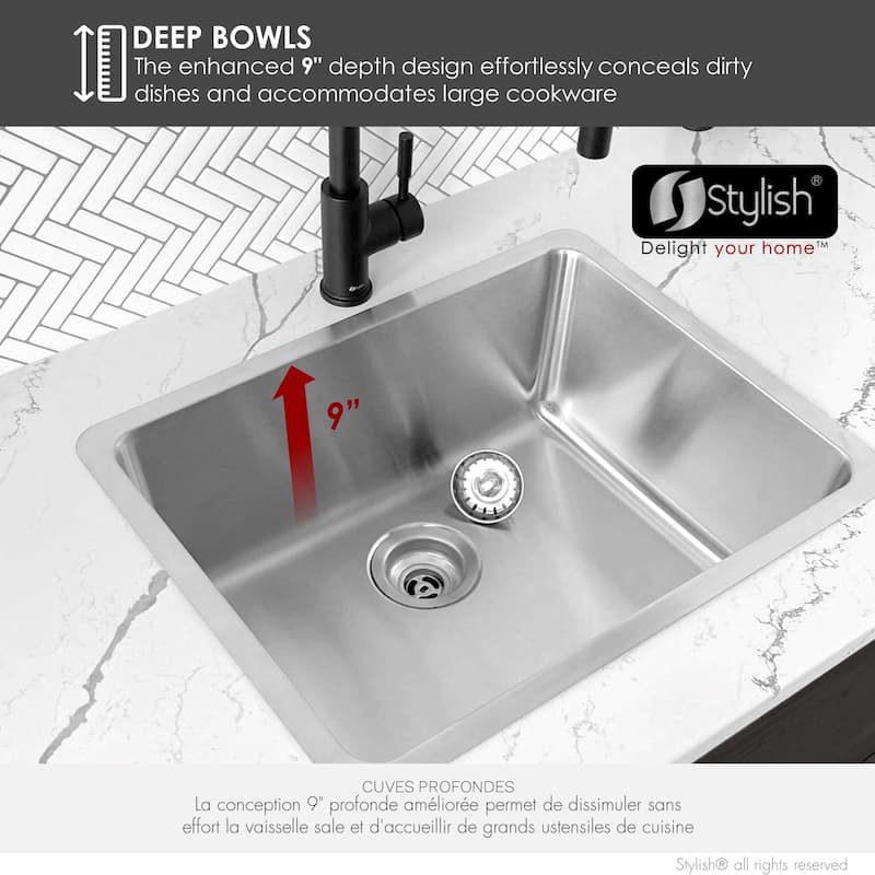 STYLISH 20.5 inch Single Bowl Undermount and Drop-in Stainless Steel Kitchen Sink - 20.5" x 18" x 9"