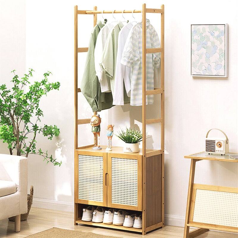 Bamboo Clothes Rack Stand with Cabinet andShoe Shelf