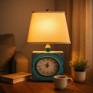 Clock Design Metal Table Lamp Set of 2 with Tapered Shade, Blue and Beige