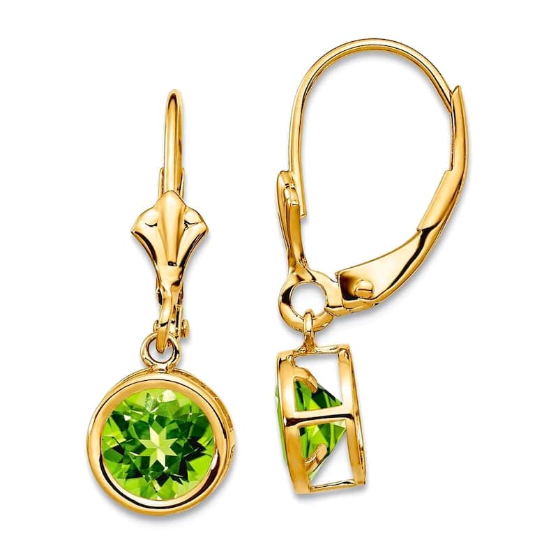 Curata 14k Yellow Gold 6mm Bezel-set Round Genuine Gemstone Leverback Earrings - 25x7mm - Peridot