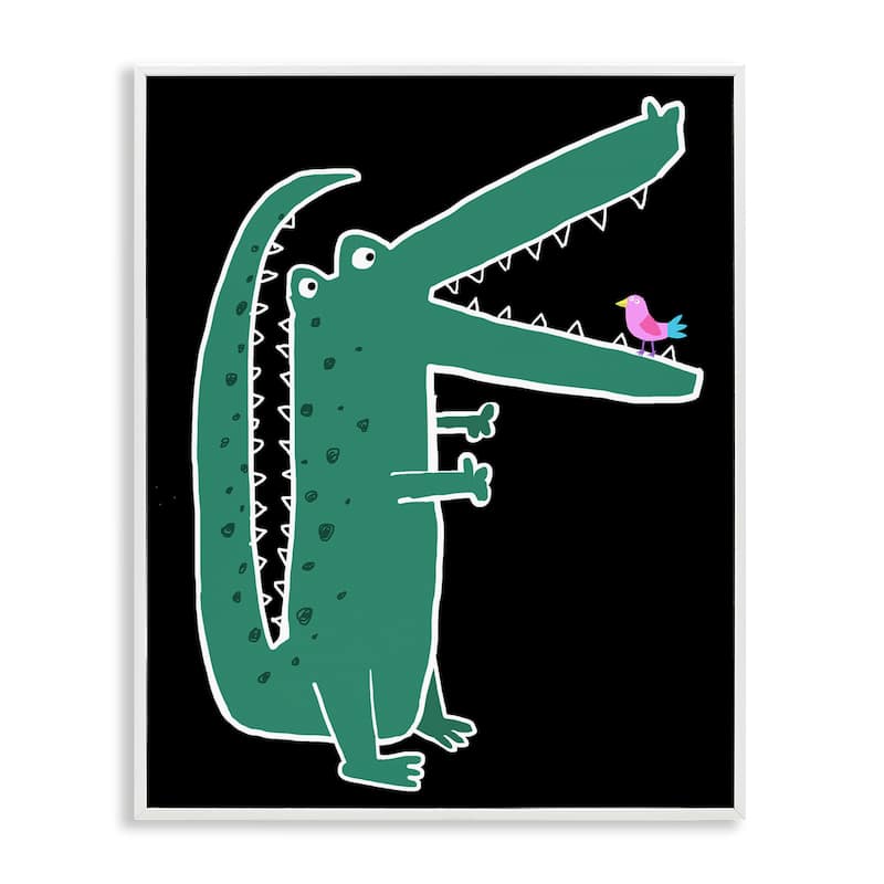 Stupell Alligator & Bird on Black Framed Giclee Art Design By Carla Daly - 11 x 14 - White