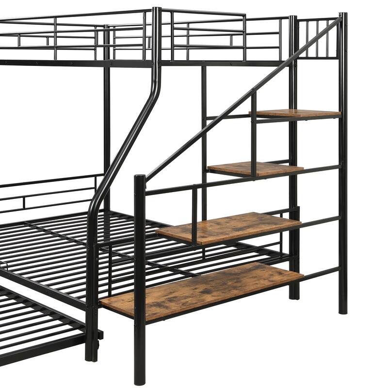 Twin Over Full Size Metal Bunk Bed with Trundle & Storage Staircase, Bedroom Heavy Duty Bed Frame with Full-Length Guardrail