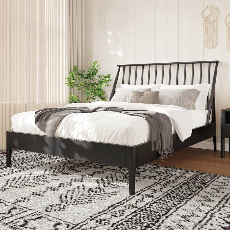 Solid Bamboo Wood Spindle Platform Queen Bed - Black