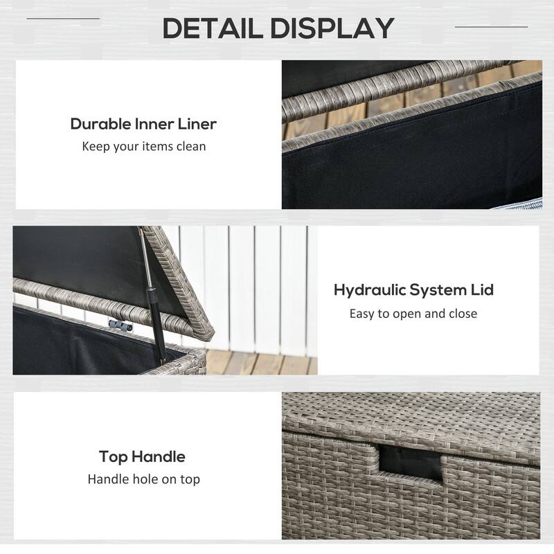 113 Gallon Deck Box Rattan Outdoor Waterproof Storage Box with Front Groove Handle and Hydraulic Gas Spring-Assisted Lift