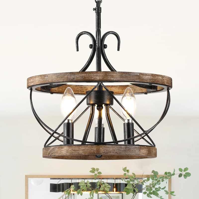 Cusp Barn 5-Light Farmhouse Wood Chandelier Adjustable Handmade Rustic Drum Ceiling Light Fixture Hanging Lamp for Foyer Kitchen - 12.7-inch - Weathered Wood