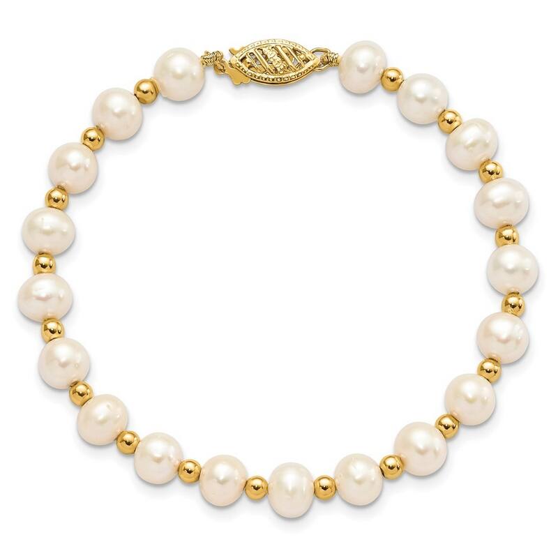 Curata 14k Yellow Gold 6 -7mm White Near Round Fw Cultured Pearl Bead Bracelet 7 Inch