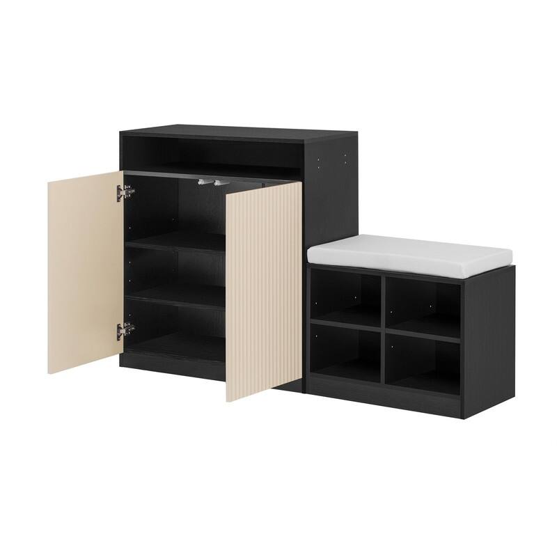 Entryway Bench Cabinet With Cushion, 2 Doors and 3-Tier Adjustable Shelves for Entryway Organization