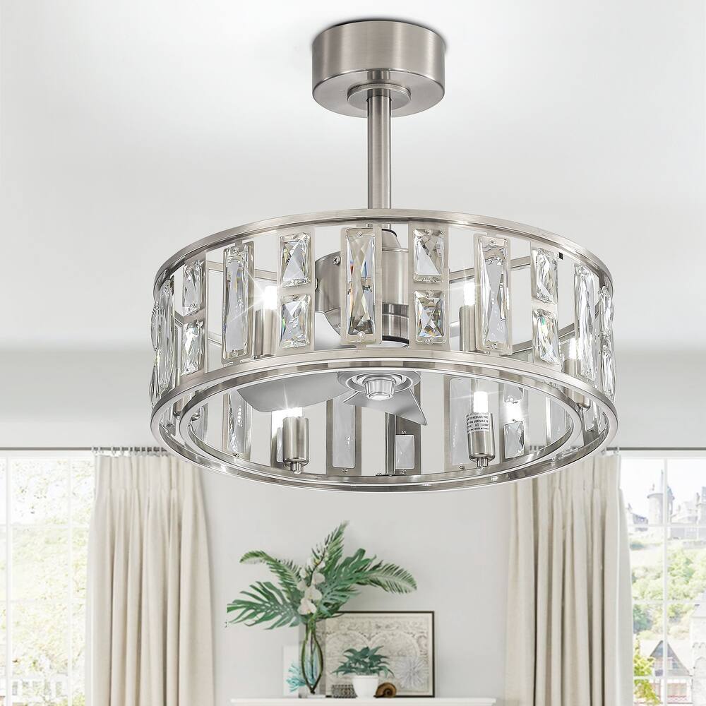 20" Caged Ceiling Fan with Crystal Light Remote Control, Bladeless Chandelier - 20 Inch