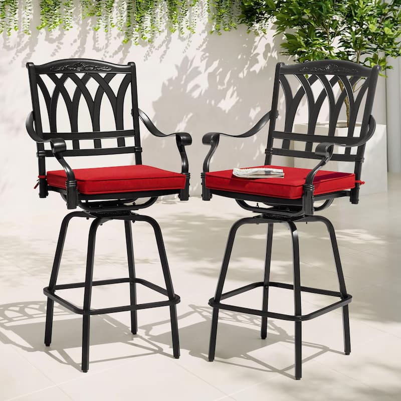 E-Coated Cast Aluminum 2PCS Patio Swivel Bar Stool Set with Olefin Cushions