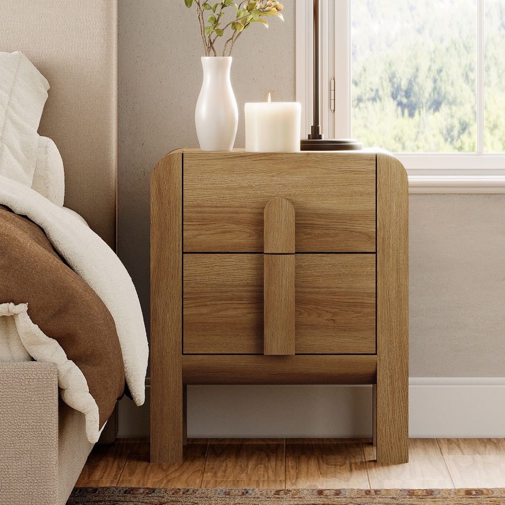 WAMPAT Modern Wood Nightstand With 2 Drawers ,Curved Mid-Century End Table With Built-In Charging Station For Bedroom