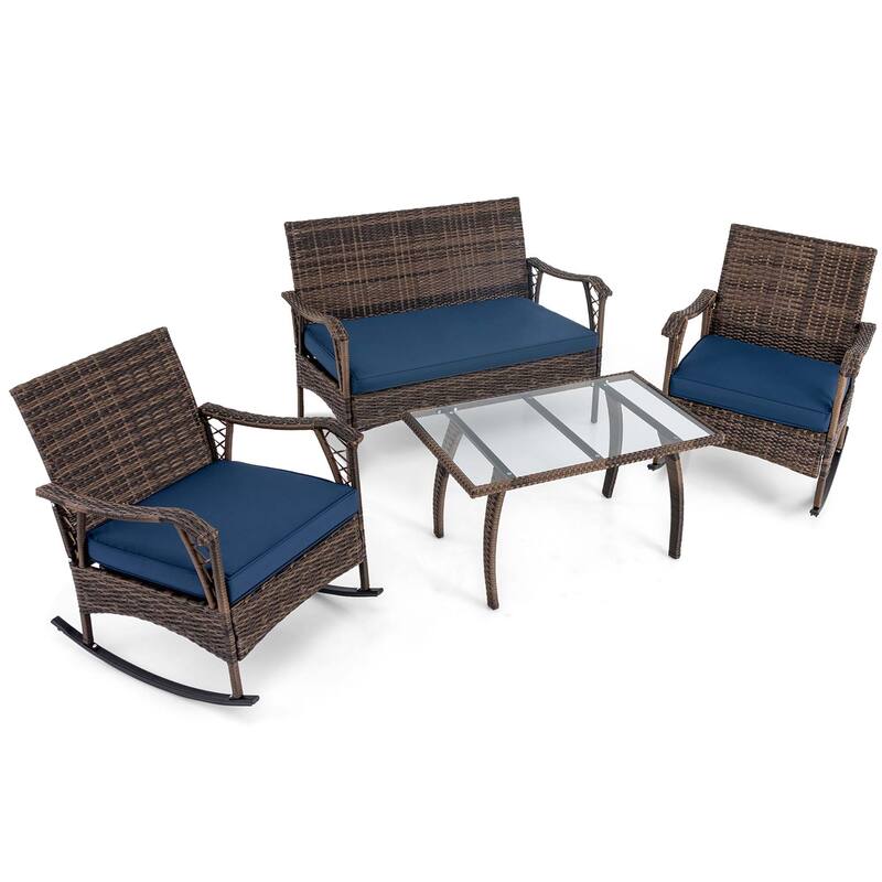 Gymax Set of 4 Wicker Rocking Set w/ Loveseat & Coffee Table
