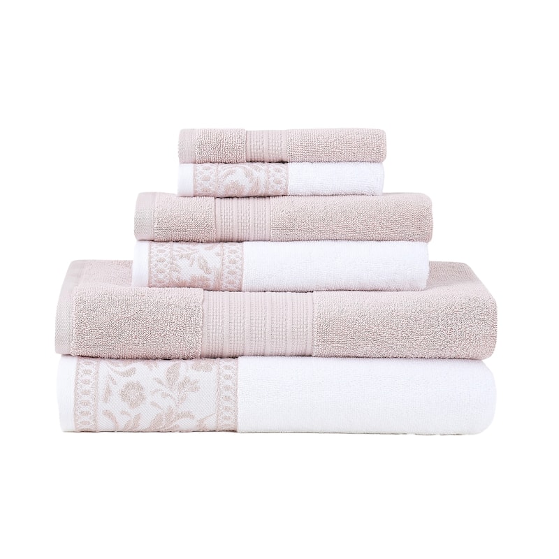 Modern Threads 6-Piece Jacquard Border Towel Set Allie - 100% Cotton, Bath, Hand & Washcloths - Elegant Floral Border - Blush Pink