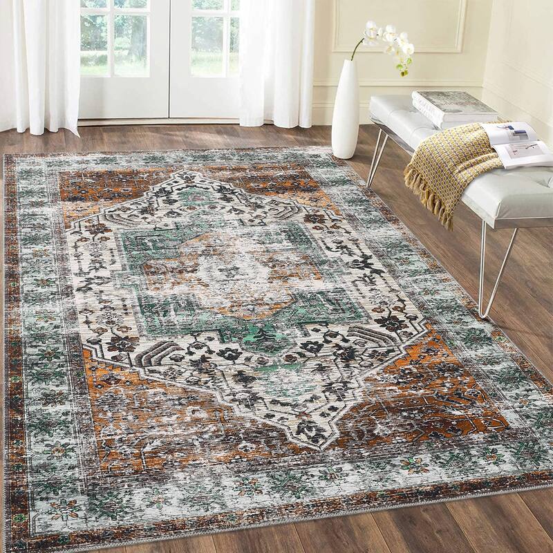Vintage Medallion Living Room Rug Washable Soft Non-Slip Low Pile Area Rug Indoor Distressed Accent Rug