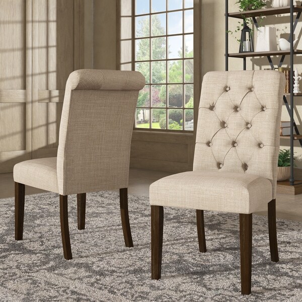 Benchwright Linen Tufted Dining Chair with Brown Finish Legs Set