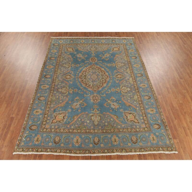 Blue Tabriz Persian Vintage Rug Hand-Knotted Traditional Wool Carpet - 8'6"x 11'10"