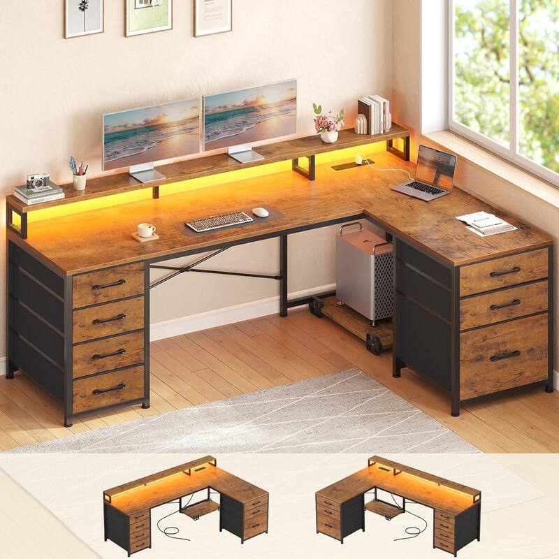 L Shaped Gaming Desk 58" Small Computer Desk 7 Drawers Small Space - Brown