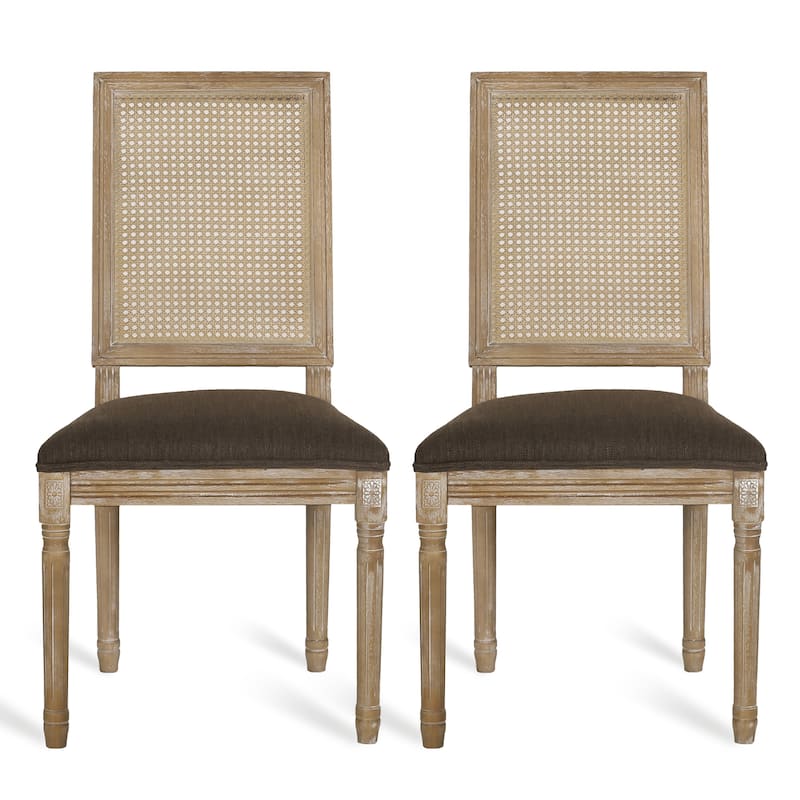 French Country Upholstered Dining Chair with Cane Backrest and Rubberwood Frame Set of 2