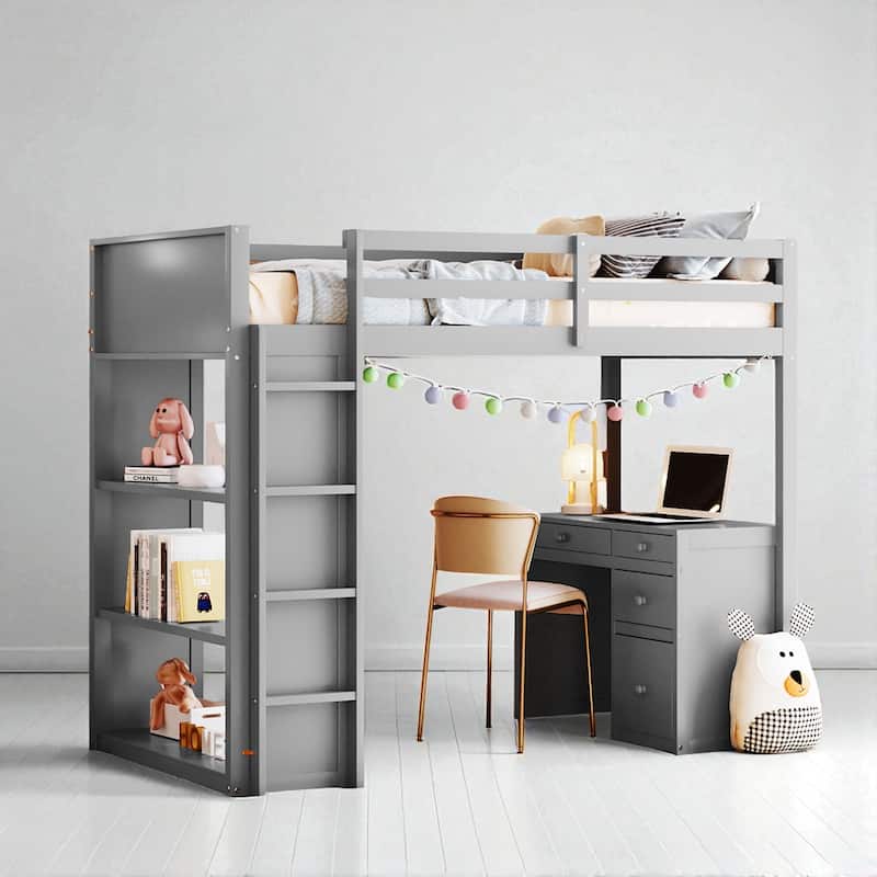 Full/Twin Size Loft Bed with Ladder, Desk, Shelves, and Drawers, Solid Wood Frame for Kids or Teens